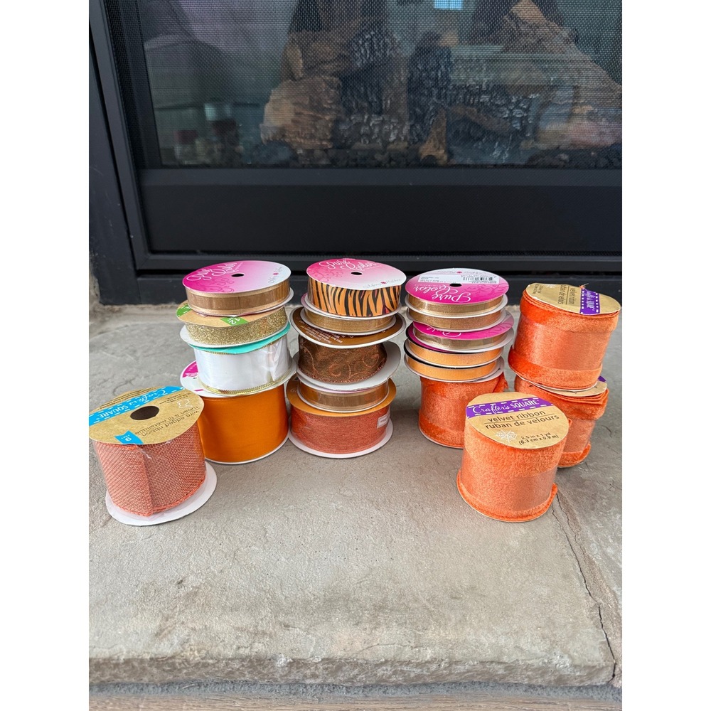 Assorted Fall Ribbon Lot Orange Gold Brown Velvet Wire Edged Crafting 15+ Spools